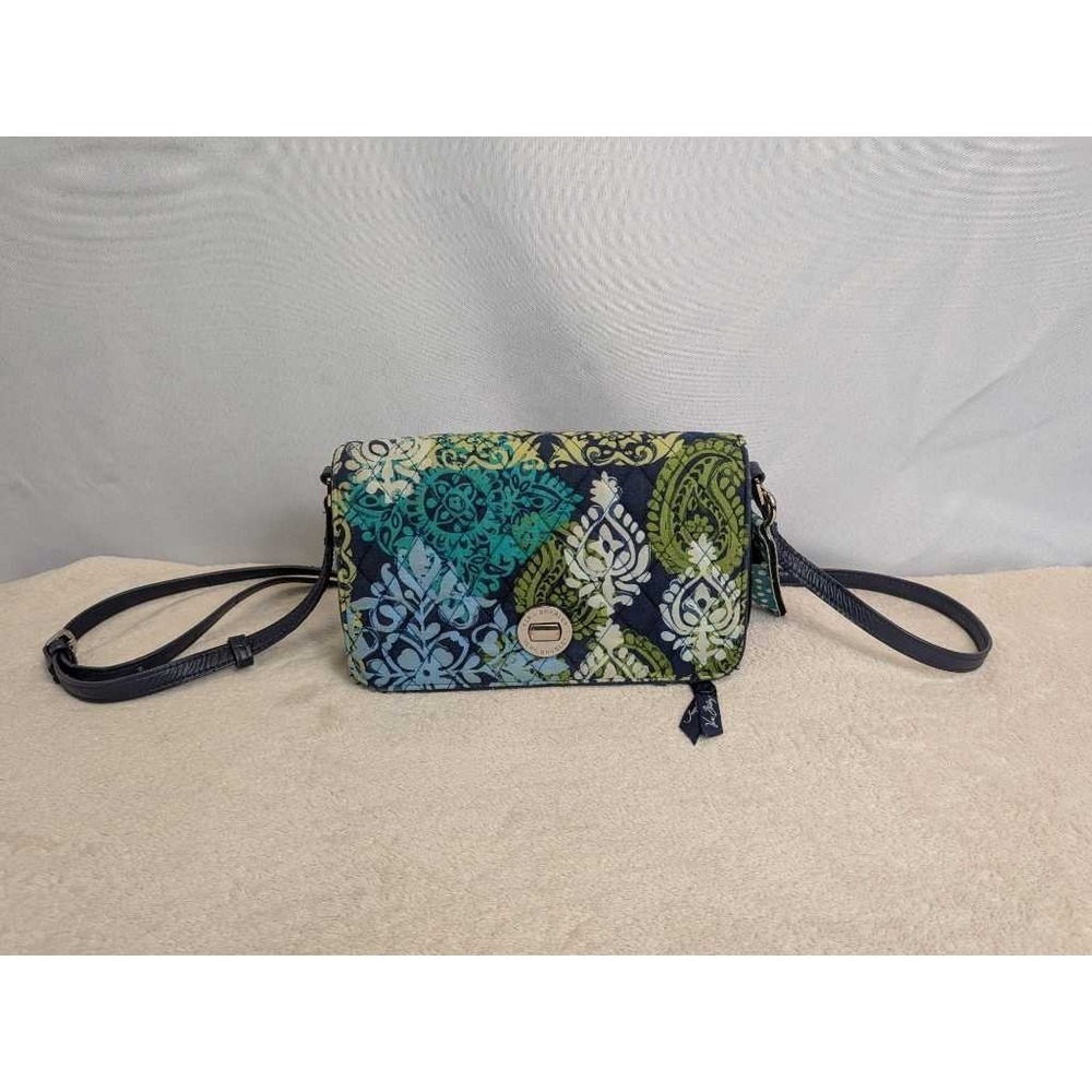 Vera Bradley Quilted Paisley Crossbody Wallet Bag Navy Blue Green Turquoise - Picture 1 of 11